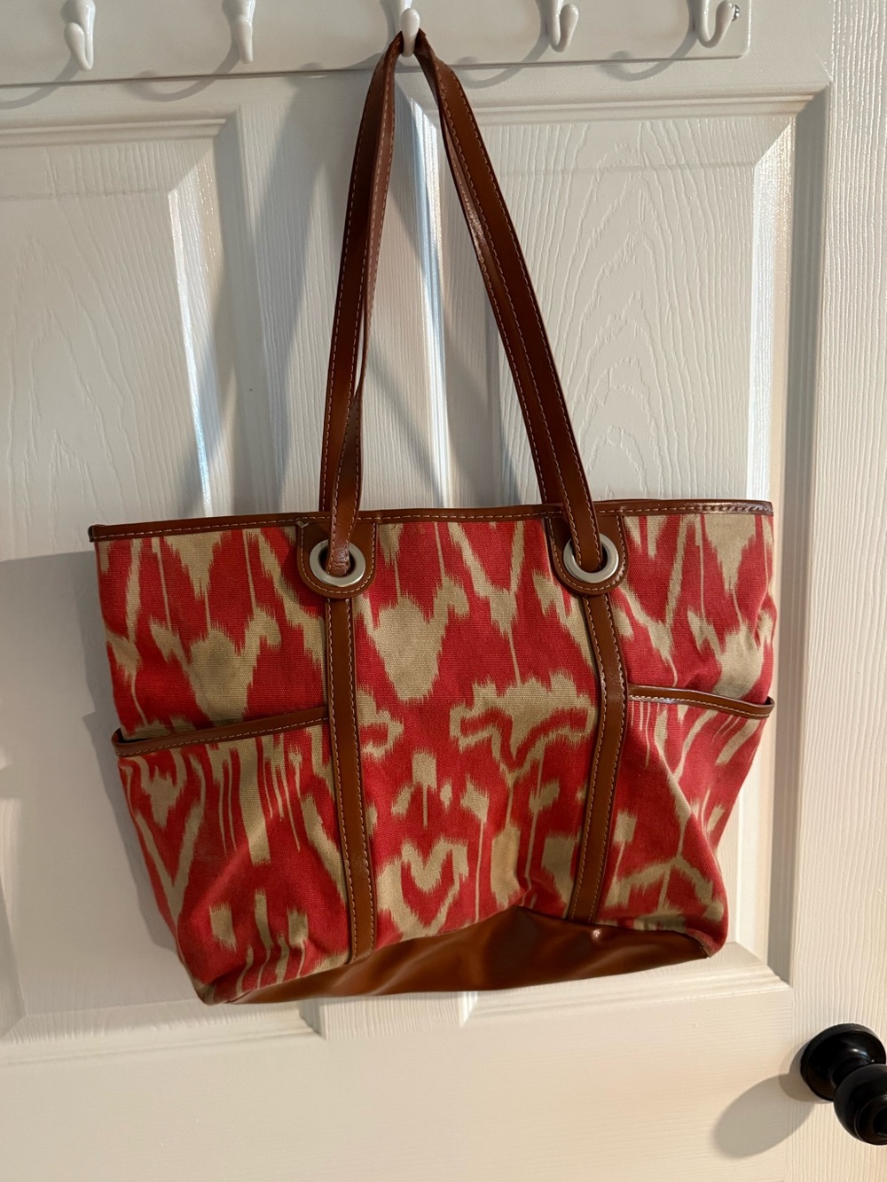 Stella & Dot Red and Cream Ikat Canvas Tote with Brown Trim